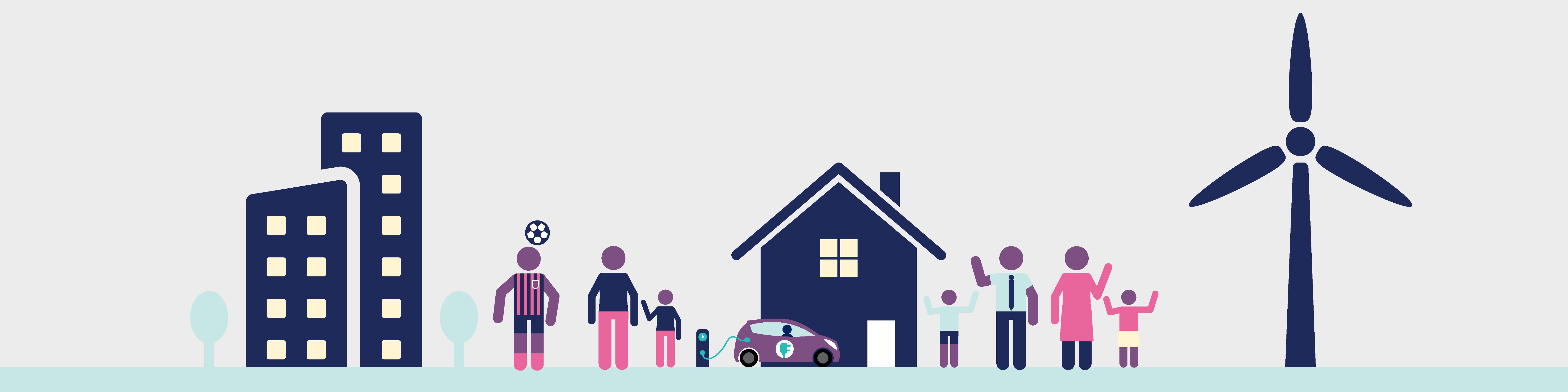 image of ENWL's community and local energy branding displaying communities ultilising low carbon technologies